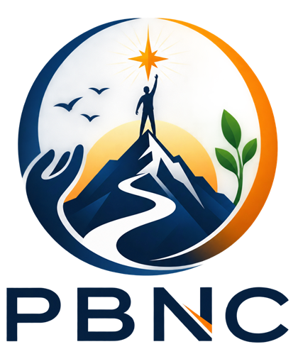 The PBNC logo: a figure reaching a star at a mountain summit, held by a supporting hand, with a winding path and a growing leaf.